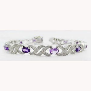 Genuine 7.18 Cts Amethyst & Diamond Bracelet 14k White Gold Plated